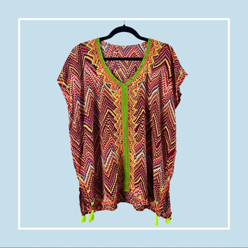 Bali Mexico Vacation Bright Embroidered Tassel Swimsuit Coverup—OS